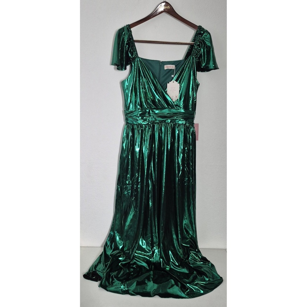 Ivy City‎ Co Hera Dress Womens Large Green Metallic Flutter Sleeve Wrap Maxi NWT